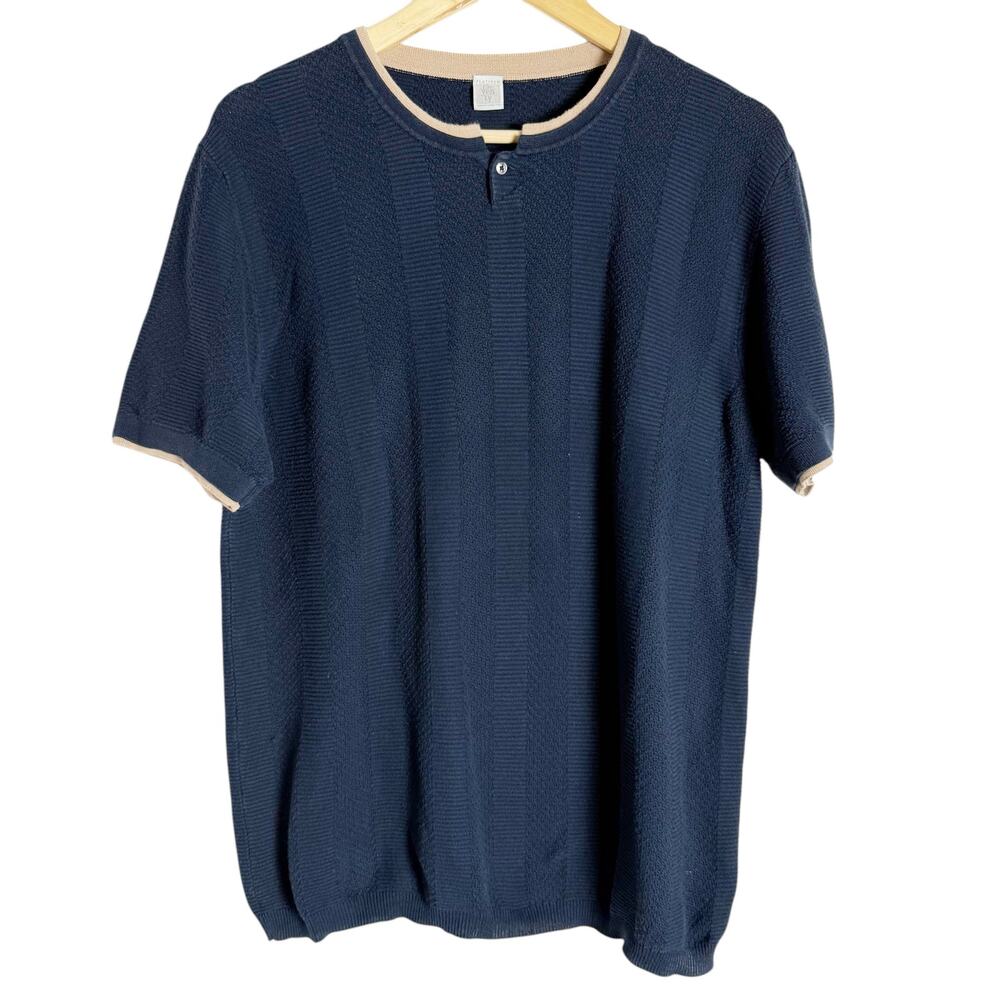 Eleventy Platinum Navy Blue Short Sleeve Crewneck Knit Sweater Size Large
